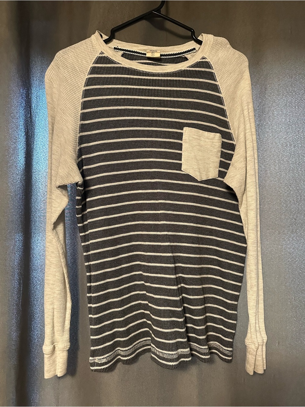 Striped Waffle Knit Long-Sleeve Pocket Shirt - Black & Cream
